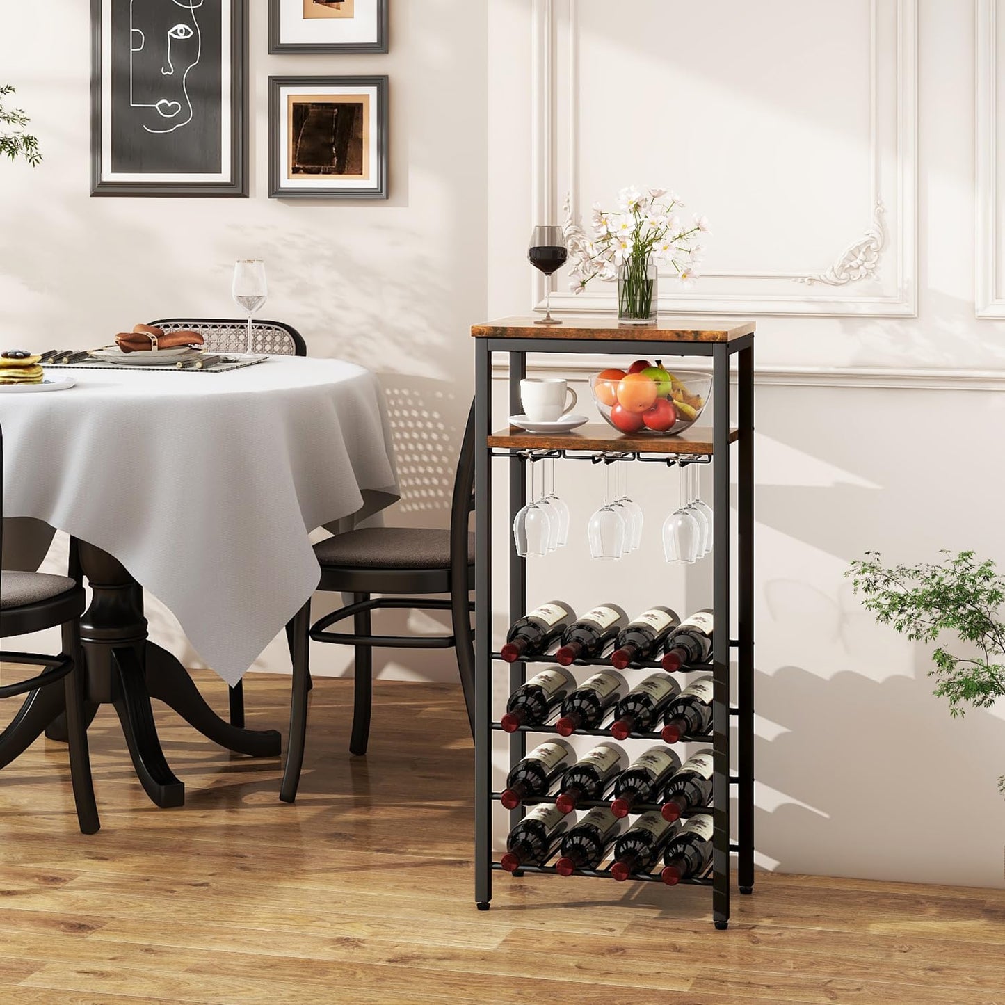 IBUYKE Wine Racks Freestanding Floor,Liquor Bottle Holder,16 Bottles Wine Cabinet with Glass Holder,Wine Holder Display,Mini Wine Bar Table for Living Room,Kitchen Pantry,Dining Room,Brown UTMJ907H