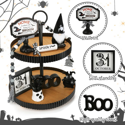 Halloween Decorations 8PCS Tiered Tray Decor, Cute Tabletop Halloween Decor for Home Tray Shelf Mantel Coffee Bar Office Table Centerpieces Farmhouse Rustic Spooky Wood Signs