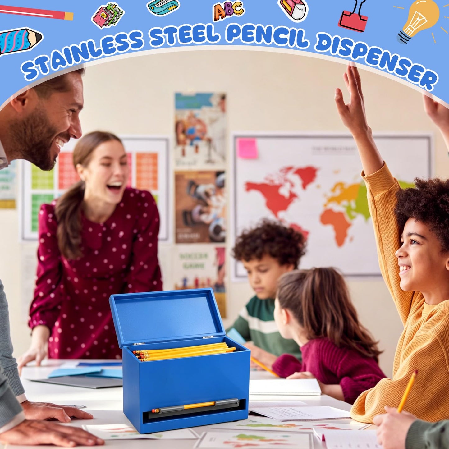 Yalikop 1 Pc Wooden Pencil Dispenser for Classroom Pastel Wood Pencils Holder for up to 200 Pencils Reusable Straw Dispenser for Home Office Teachers Supplies Storage (Classic,Dark Blue)