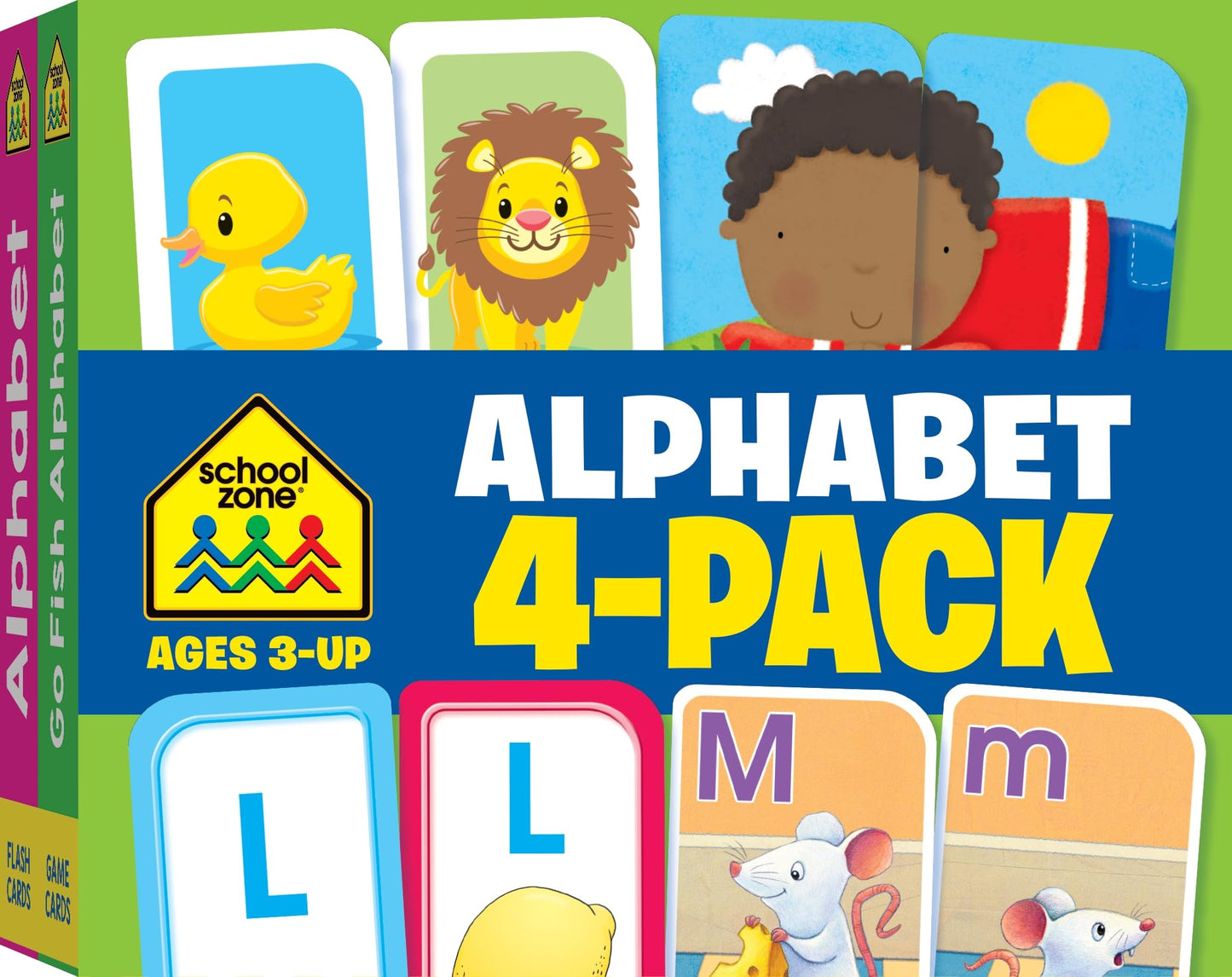 School Zone Alphabet 4-Pack Flash Cards: 224 Cards, Preschool, Kindergarten, Go Fish Alphabet, Three-Letter Words, Alphabet Match, Lowercase & Uppercase Letters, Letter-Picture Recognition, Ages 3+