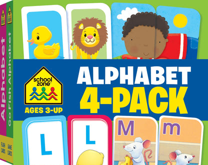 School Zone Alphabet 4-Pack Flash Cards: 224 Cards, Preschool, Kindergarten, Go Fish Alphabet, Three-Letter Words, Alphabet Match, Lowercase & Uppercase Letters, Letter-Picture Recognition, Ages 3+