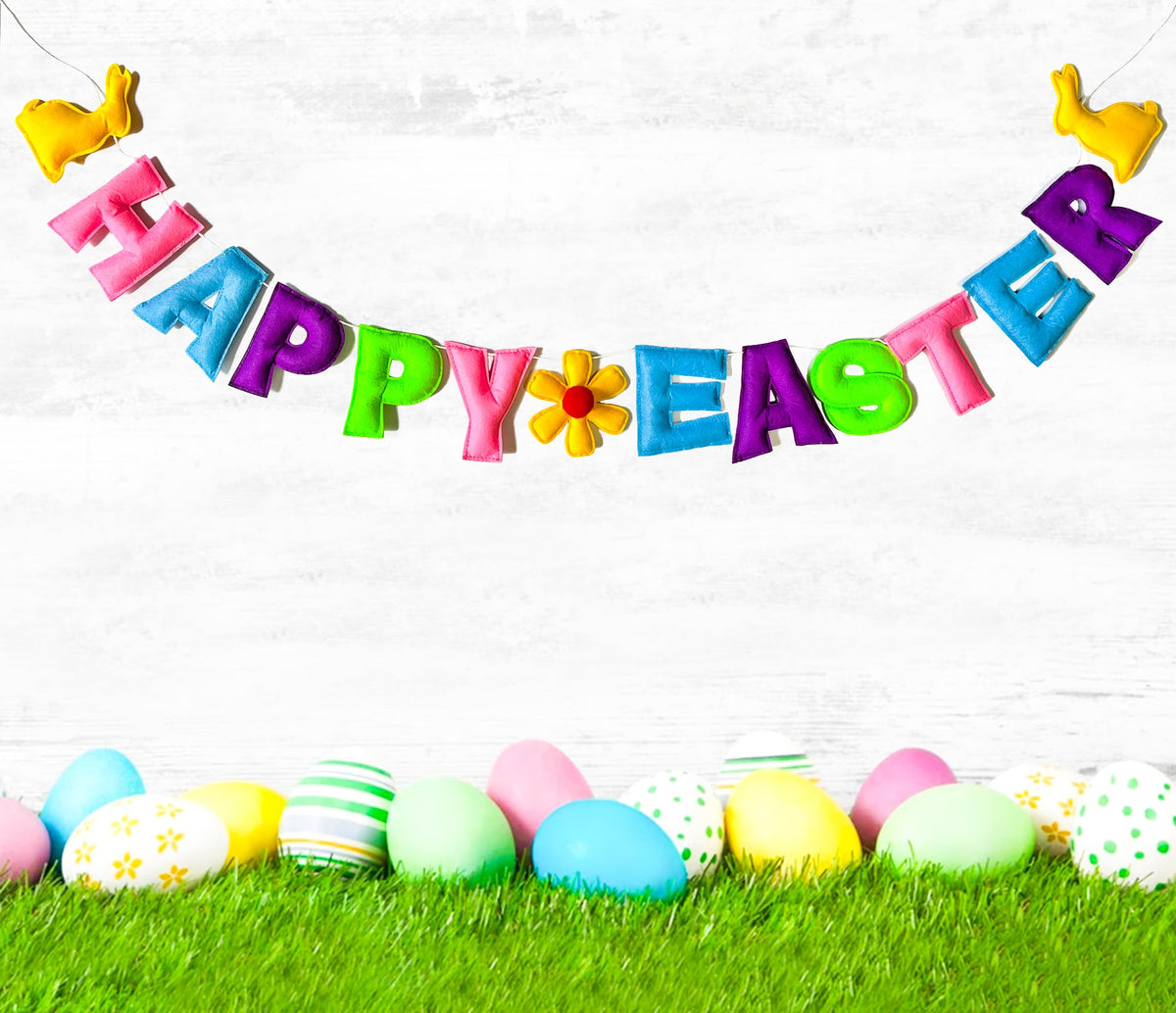 Meygajoe Pre-Strung Reusable Happy Halloween Banner Felt Garland Happy Holiday Sign for Halloween Party Decorations Indoor Outdoor Décor Wall Mantel Fireplace Party Supplies (Happy Easter)