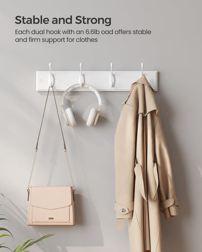 SONGMICS Wall-Mounted Coat Rack, Hook Rack, 4 Dual Metal Hooks, for Coats, Bags, Keys, in the Entryway, Bedroom, Living Room, White ULHR23WT