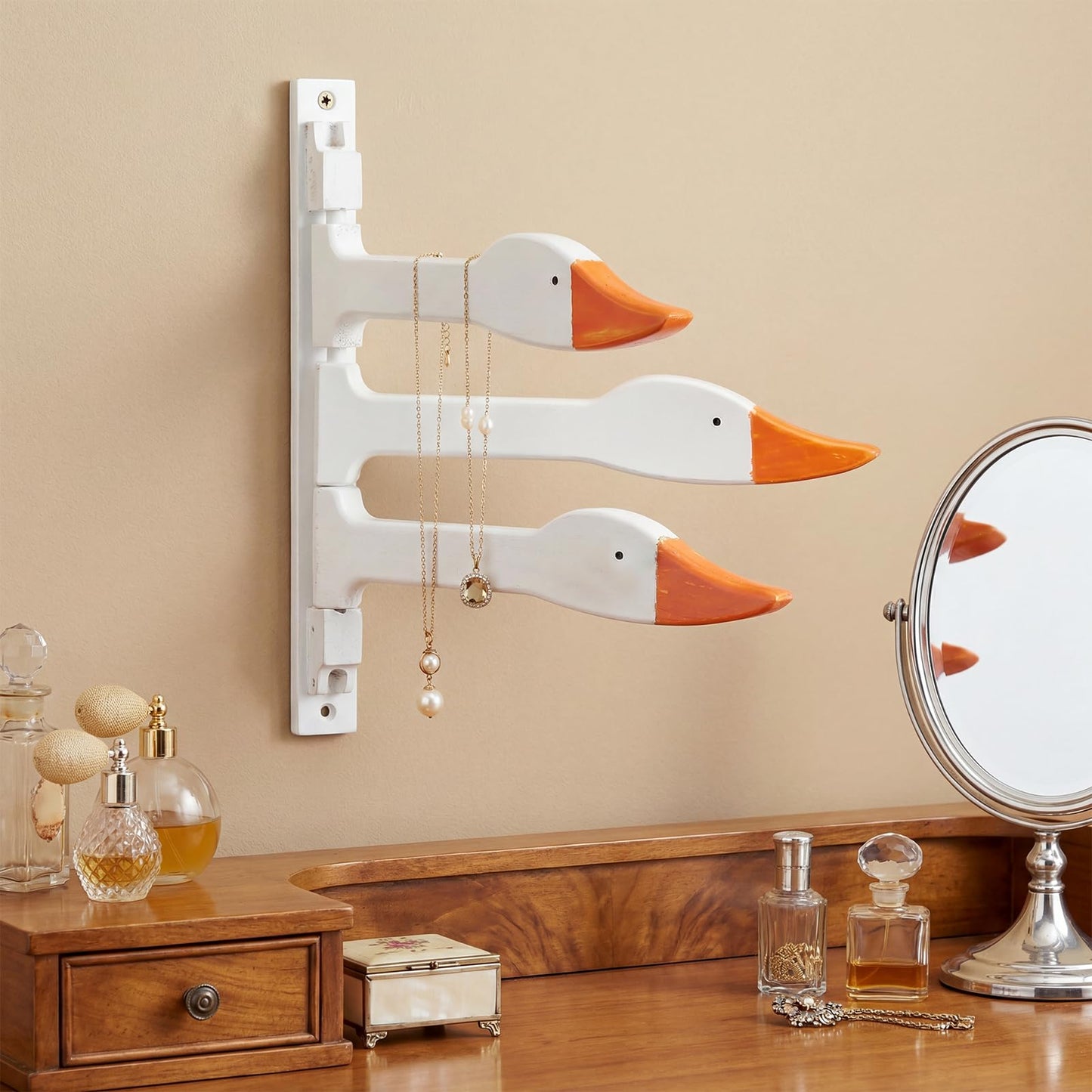 Sliner Silly Goose Neck Wall Hooks Wooden Goose Nursery Decor Rotating Retractable Jewelry Holder Wall Mounted Cute Towel Hanger Modern Jewelry Storage Hooks for Nursery Bathroom Bedroom Home Decor