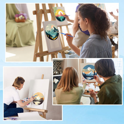 Faccito 4 Pack Wooden Landscape Paint by Numbers Kit for Adults Beginners 8 Inch Unfinished Round Wood Board Acrylic Paint Nylon Brush Hook Distant Mountains Sunset Lake DIY Crafts for Home Wall Decor