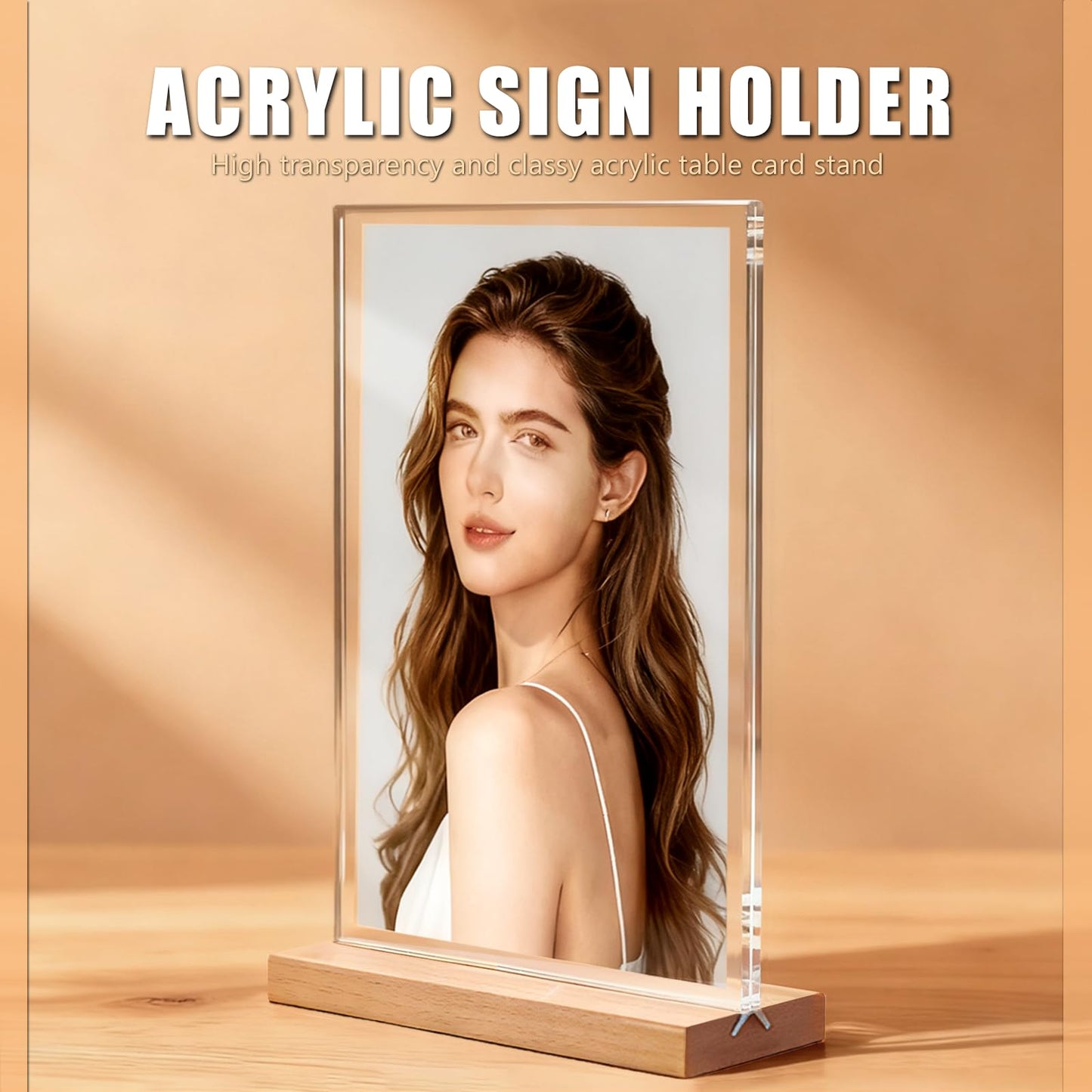 obivioo 4×6 inch Acrylic Table Top Sign Holder with Beech Wood Base – Double-Sided Menu Display Stand, QR Code Frame, Small Table Sign for Restaurant & Wedding(6pack)
