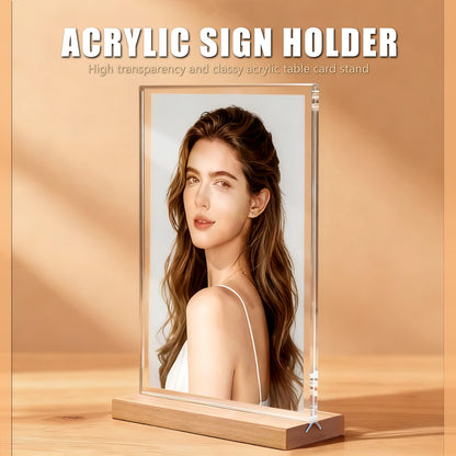 obivioo 4×6 inch Acrylic Table Top Sign Holder with Beech Wood Base – Double-Sided Menu Display Stand, QR Code Frame, Small Table Sign for Restaurant & Wedding(6pack)