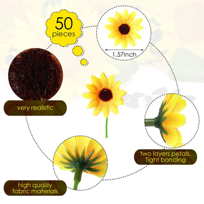 Wavwavw 50 Pcs 1.57 Inch Mini Artificial Sunflower Heads with Iron Stems for Home Party Decoration Wedding Decor, Bride Holding Flowers Centerpieces Wreath Garden DIY Art Decor Crafts