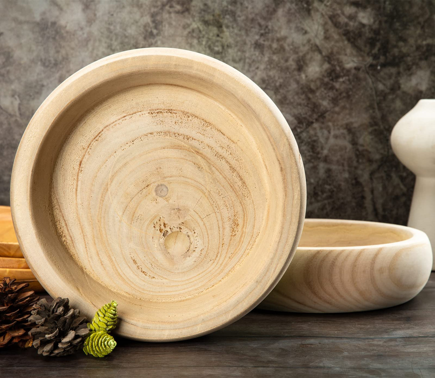 GYHJA Decorative Wood Bowl Hand Carved Centerpiece Paulownia Round Dough Serving Wooden Bowls For Decor Large, Natural(11.4in)