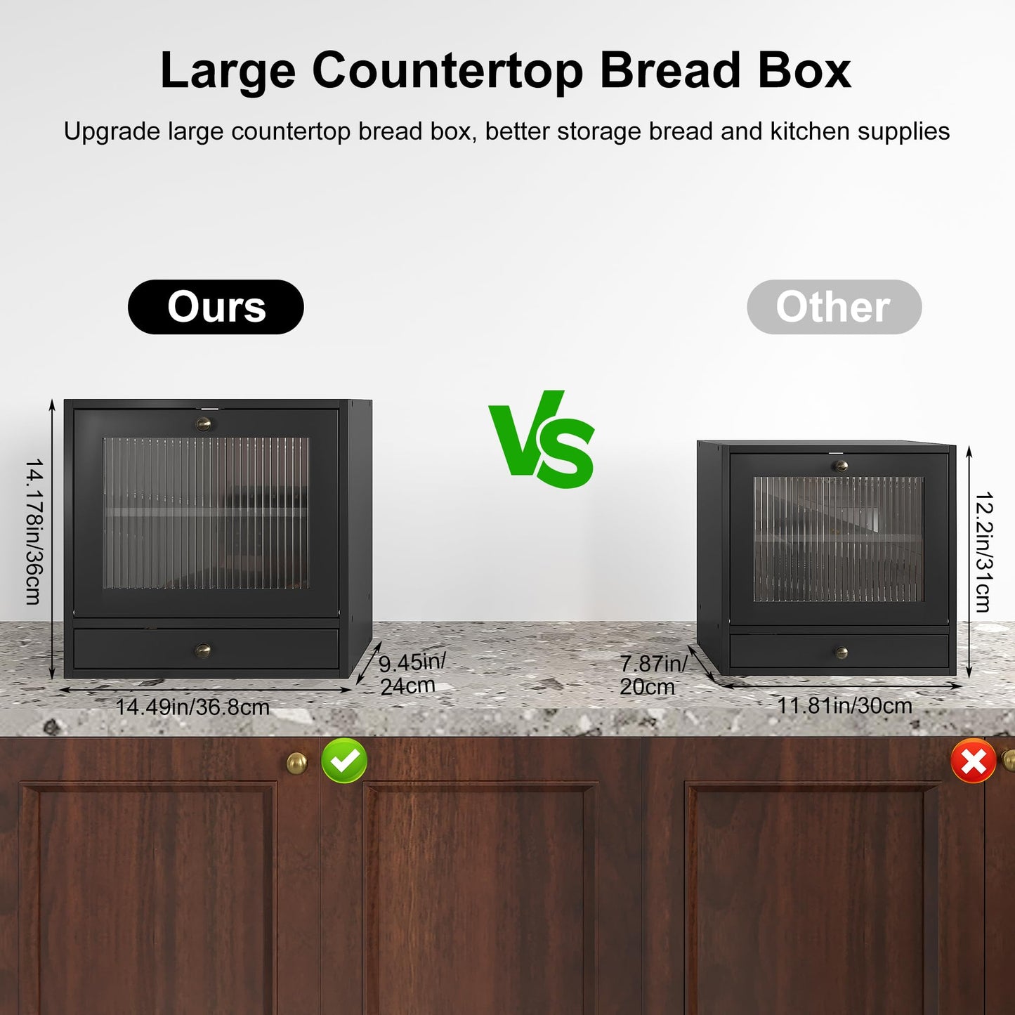 Alpeir Wooden Bread Box for Kitchen Countertop, Large Capacity with Ventilation Holes Adjustable Tiered-Shelf, Vintage Farmhouse Breadbox with Drawer & Window, Longer Freshness, Black