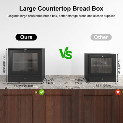 Alpeir Wooden Bread Box for Kitchen Countertop, Large Capacity with Ventilation Holes Adjustable Tiered-Shelf, Vintage Farmhouse Breadbox with Drawer & Window, Longer Freshness, Black