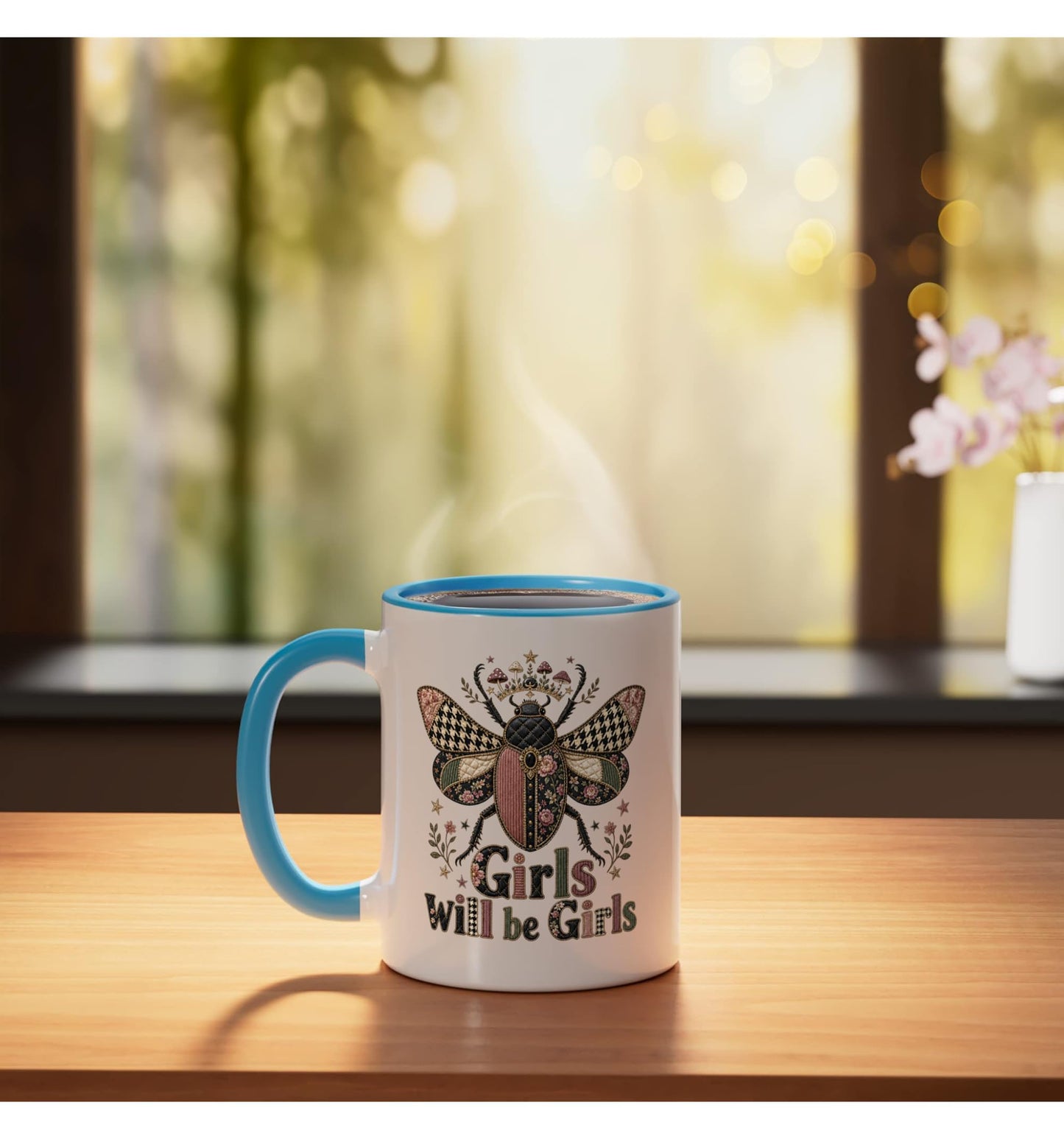 Halloween Cute Beetle Girls Mushrooms Vintage Ceramic Mug, Blue/White