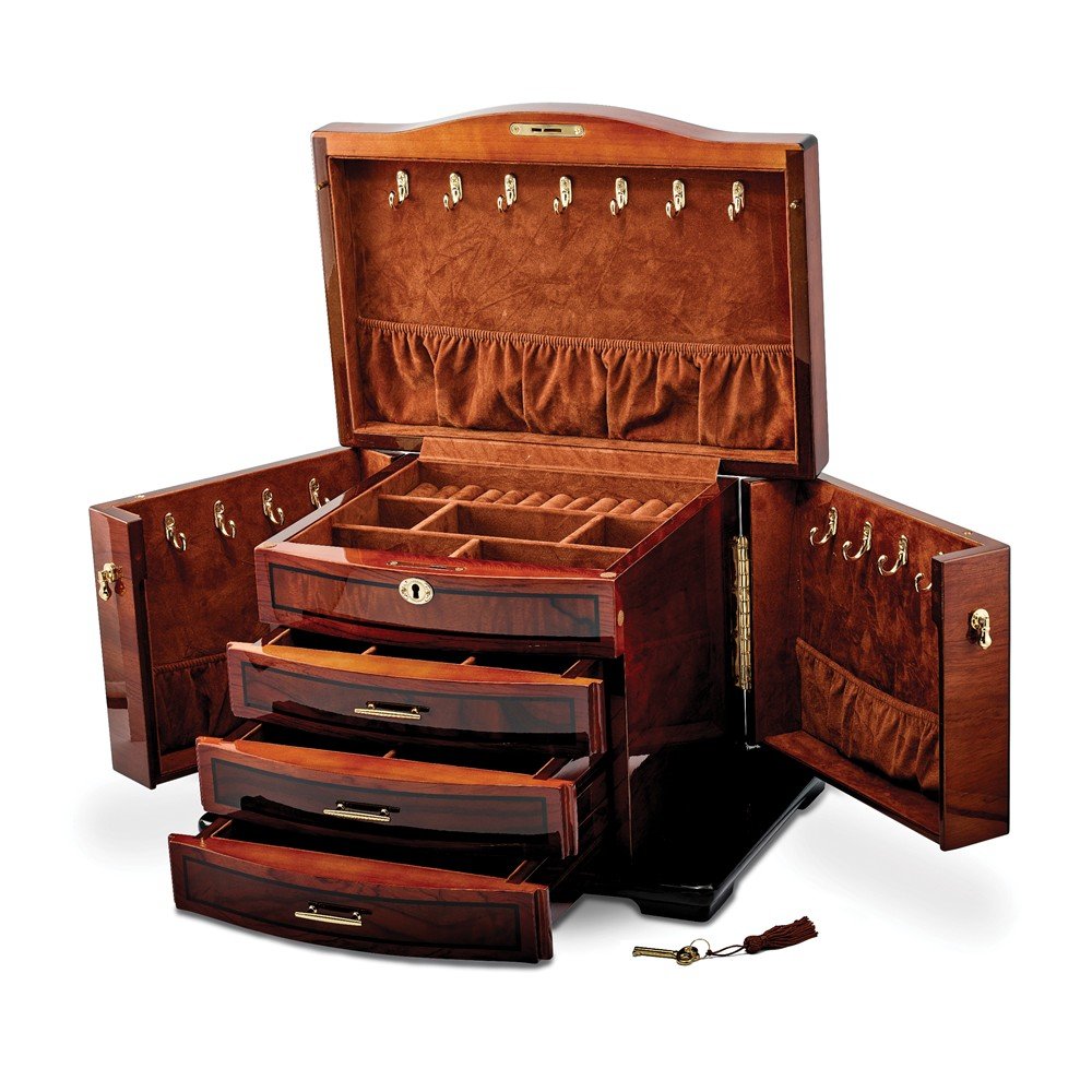 High Gloss Poplar w/Burlwood Inlay 3-Drawer Jewelry Chest