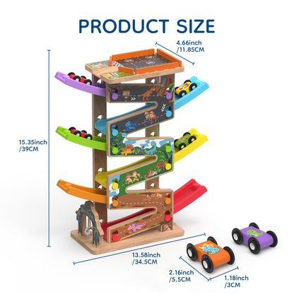 Letoiz Wooden Race Track Car Ramp Racer Toy for Toddlers, Dinosaur Car Ramp Toy Vehicle Playsets with 12 Mini Cars - Fine Motor Skills Toddler Toys for 2 3 Year Old Boy and Girl Birthday Gifts (Combo)