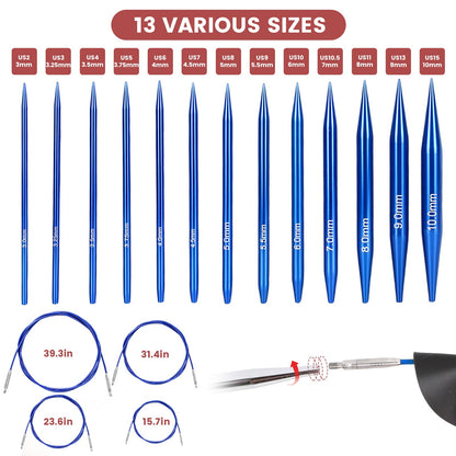 liomey Interchangeable Circular Knitting Needles Set - 13 Pairs (3mm-10mm) with 4 Flexible Cables, Aluminum Needle, Ergonomic Design for Beginners and Advanced Knitters, Blue