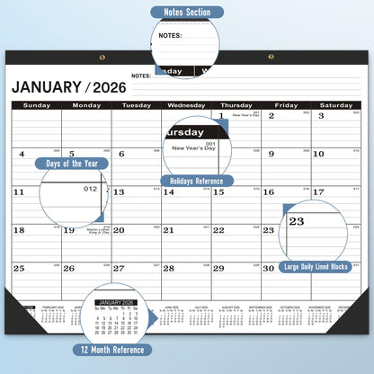 Desk Calendar 2026 Large 22x17,January 2026 to June 2027,Desk calendar 2026, Calendar 2026 with PVC Cover,Round Holes& NOTES List (Black),18 Months -3 PACK 2026 Desk Calender.