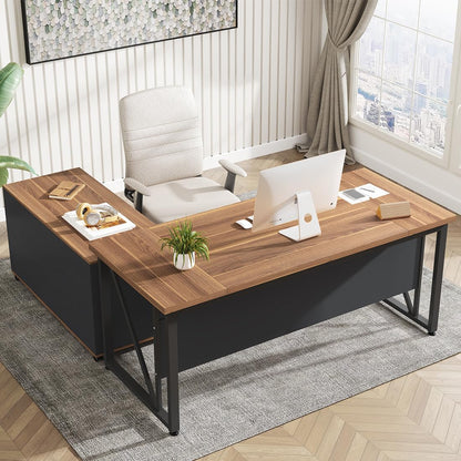 Tribesigns 63 inches Executive Desk and 47" lateral File Cabinet, L-Shaped Computer Desk Home Office Business Furniture with Drawers and Storage Shelves, Office Table,Brown and Black