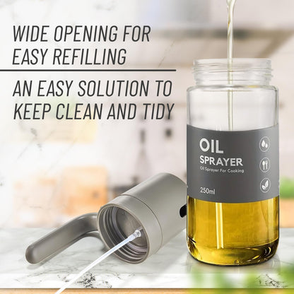 Oil Sprayer Kitchen Gadget for Cooking High Borosilicate Glass Oil Sprayer Mister, 250ml Olive Oil Spray Bottle for AirFryer, Salad, BBQ, Kitchen Baking, Roasting, Dark Gray