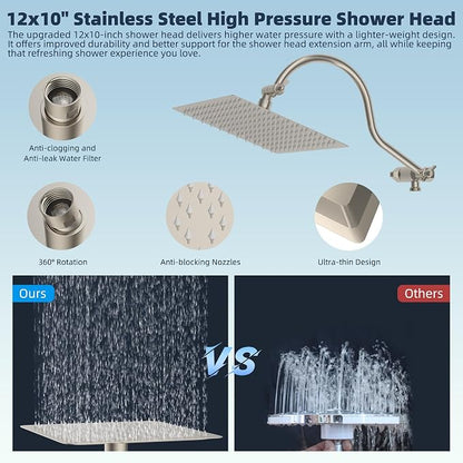 Hibbent 12'' All Metal CUPC Certified Shower Head, High Pressure Rainfall Shower Head, Handheld Showerhead Combo, 12'' Adjustable Extension Arm, 10-Spray, 71'' Hose, Showerhead Holder, Brushed Nickel