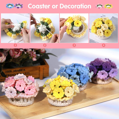 Iuuidu Crochet Kit for Beginners-4PCS Coaster Pot Crochet Kits Coaster Crochet Flower Kit with Crochet Yarns, Hooks, Easy Videos Tutorials to Crochet for Office, Coffee Table, Home Decor