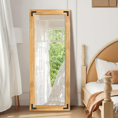 YNCLCS 55"x22" Full Length Mirror with Wooden Frame，Natural Wooden Standing Mirror, Solid Wood Frame, Hanging or Leaning Wall-Mounted, Suit for Farmhouse, Living Room, Bedroom (Light Brown)