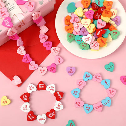 UPINS 300Pcs Conversation Heart Beads,Valentine's Day Wooden Heart Beads for Bracelets Garland Ornaments Craft Necklace Jewelry Making DIY Party Decor