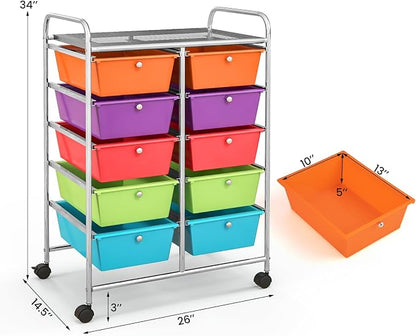 Giantex 10 Drawers Rolling Cart, Classroom Organizers, Storage Cart with Wheels, for Teacher Office Home School Supplies Tool Craft Art Paper, Rainbow Color