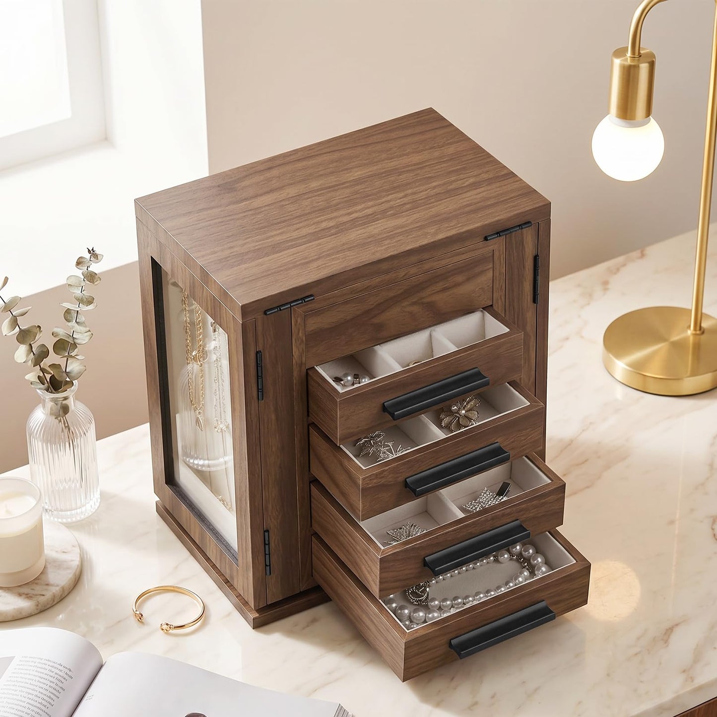 HOOBRO Jewelry Box for Women, Jewelry Organizer Box, 6-Tier Wooden Jewelry Box and 360° Rotating Jewelry Box with Mirror, Jewelry Organizer with 4 Drawers Bundle, BH12JB04-BH31JB04