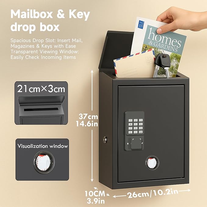 WeHere Mailbox with Electronic Lock, Wall Mount Locking MailBoxes for House, Metal Suggesion Box, Business Key Drop Box, OTP/Fixed Code/Key Unlock, Large Capacity, Black