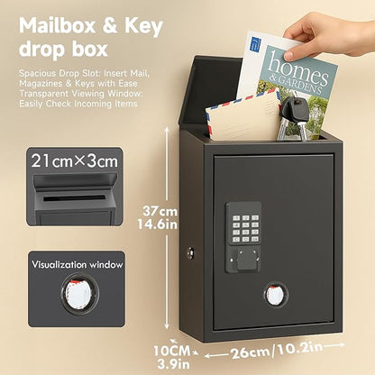 WeHere Mailbox with Electronic Lock, Wall Mount Locking MailBoxes for House, Metal Suggesion Box, Business Key Drop Box, OTP/Fixed Code/Key Unlock, Large Capacity, Black