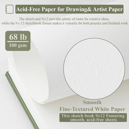 9 x 12 Sketchbook, 68lb/100gsm Sketch Pad 100 Sheets Spiral Bound Acid Free Drawing Paper with Hard Cover Art Paper for Drawing and Painting for Graphite Pencil, Charcoal, Pastels, for Kids & Adults