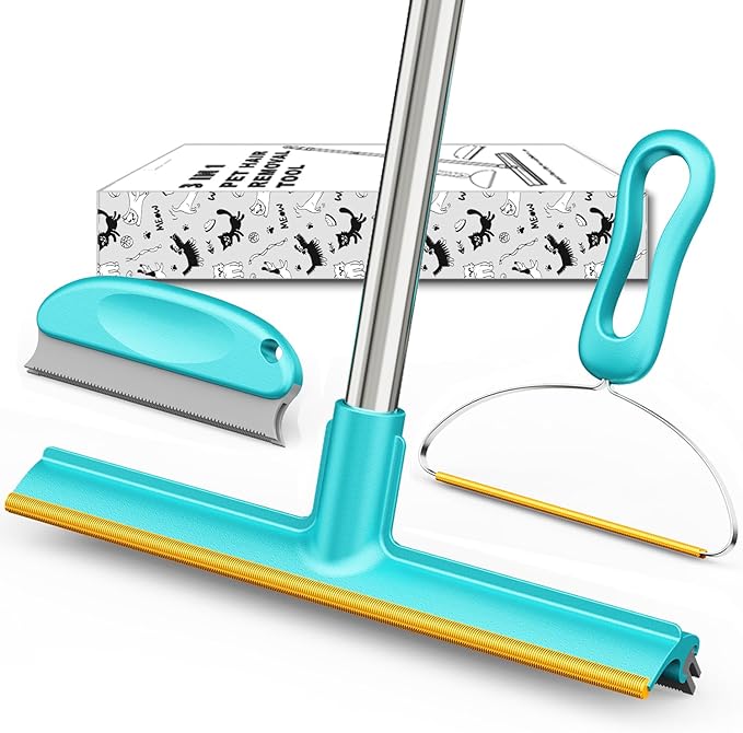 Carpet Rake for Pet Hair Removal, Dog Cat Fur Remover Rubber Broom, Stainless