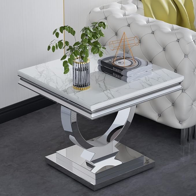 4 Piece Living Room Table Set Include 1 Faux Marble Coffee Table & 2 End Tables& 1 Console Table, Modern White Silver Coffee Table Set of 4 with Double O Shape Stainless Steel Pedestal Base