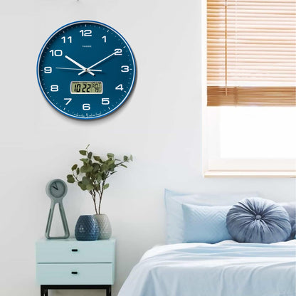TIMESS Wall Clock, 14" Large Dial Non-Ticking Silent Battery Operated Analog with LCD Display for Perpetual Calendar and F° Temperature, Ideal Modern Home, Bedroom, Kitchen, Office Decor (Blue)