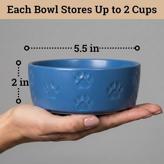 Ceramic Dog Bowl Set of 2 with Anti-Skid Base - 5.5" Wide x 2" Tall Ceramic Dog Bowls for Small Dogs - 2 Cup Capacity Food and Water Bowls for Dogs - Rubber Bottom Pet Bowl Set of 2 for Small Pets