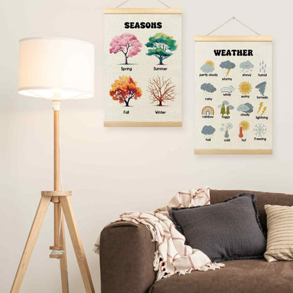 TLESKE 4 Seasons Weather Chart Poster Hanger Frame for Toddler Kid Classroom Set of 2, Homeschool Hanging Wall Art Decor for Nursery Playroom, Preschool Prek Learning Educational Poster, 16x24