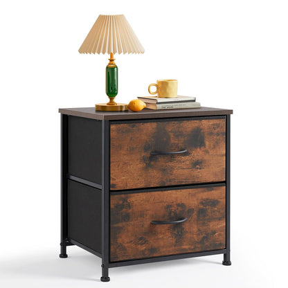 Nightstand, Small 2 Drawer Dresser End Table Bedside Furniture, Wooden Top Fabric Bins for Bedroom, Closet, Entryway, Dorm, 11.8" D x 18" W x 20", Brown