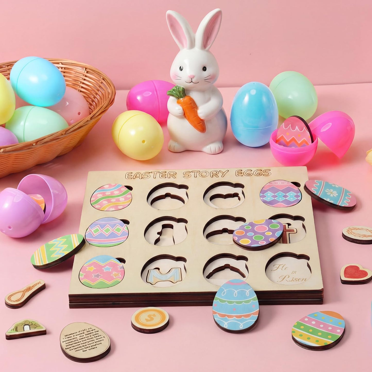 Ceenna Resurrection Easter Story Game with Wooden Board, 12 Egg Cards, 11 Symbolic Puzzle, 12 Plastic Eggs, Interactive Resurrection Learning Activity for Kids Multi-layer Faith Based Easter Gift Set