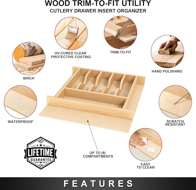 Clikuutory Natural Birch Wood Utensil Drawer Insert Organizer with 9 Compartments, Space-Saving Sturdy Drop-In Cutlery Divider Tray, Kitchen Cabinet Storage for Silverware, Spoons, Forks and Knives