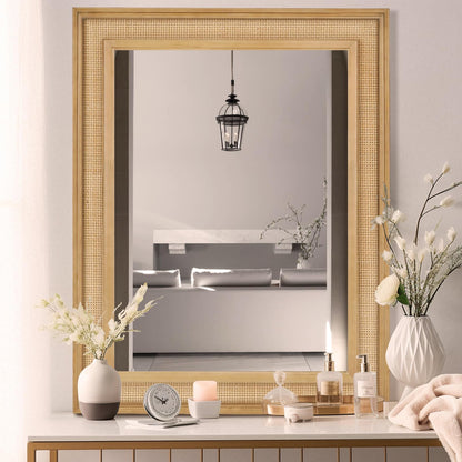 WallBeyond Rattan Wall Mirror Rectangle, 32 X 44 inch Rattan Mirror with Wooden Framed for Wall Decor Bathroom, Living Room, Entryway, Farmhouse, Bedroom