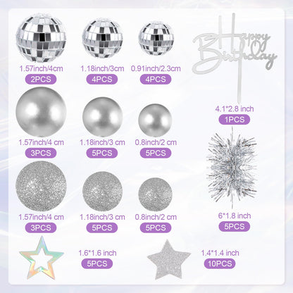 Teenyyou 57 Pcs Disco Cupcake Toppers Glitter Happy Birthday Cake Topper Cake Decorations Kits Disco Balls Star Tinsel Firework Cupcake Picks for Wedding Baby Shower Birthday Party Decor