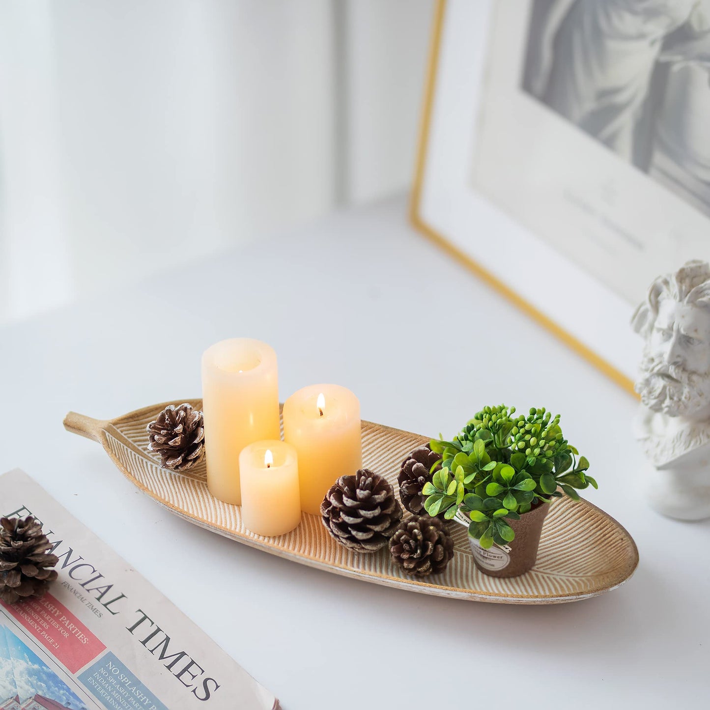 Hanobe Leaf Wooden Decorative Tray: Leaf Shaped Wood Key Tray Decor Plate Bowl for Crystal Candle