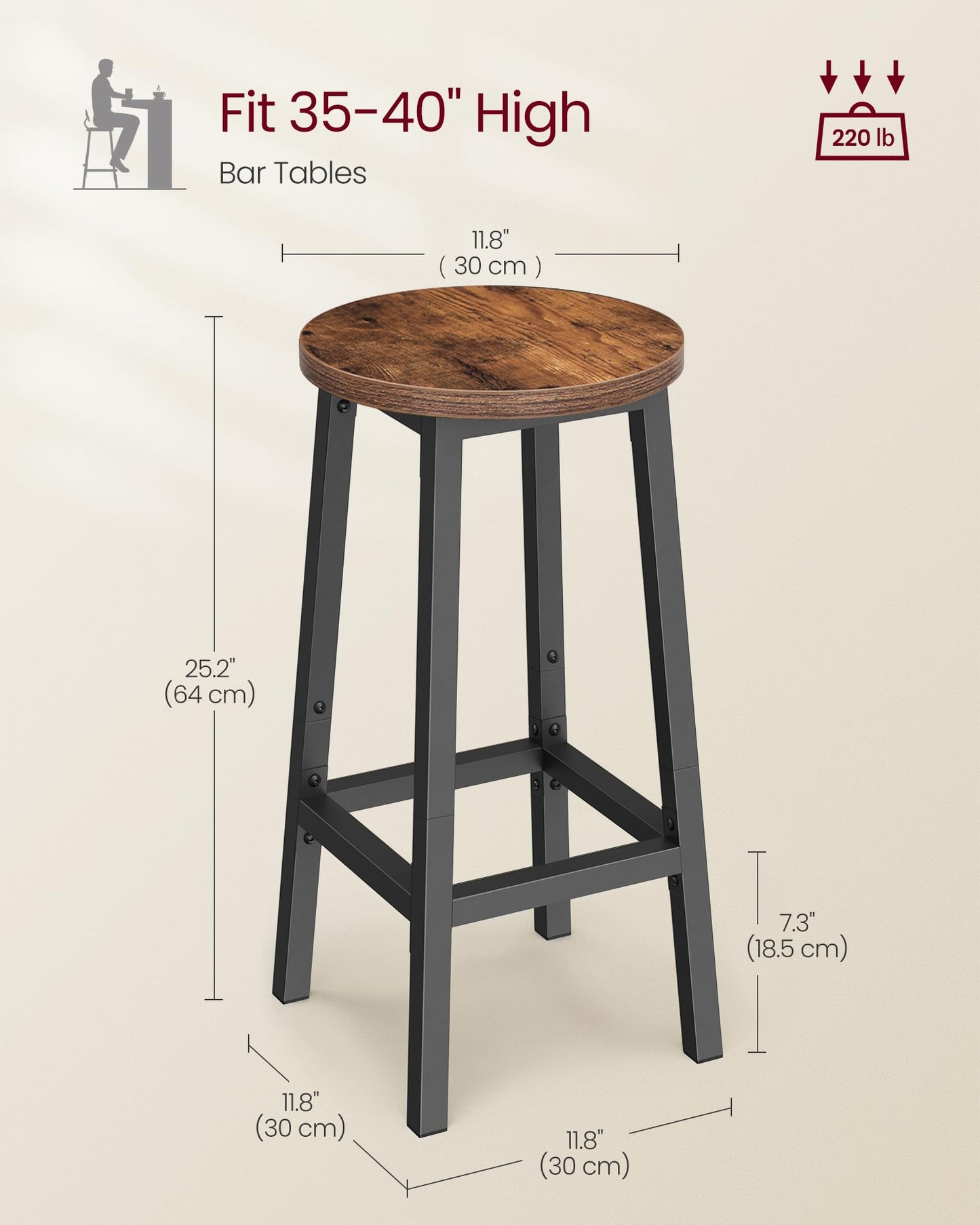VASAGLE Bar Stools Set of 2, Counter Height Stools, Steel Frame, 25.2 Inch Tall, for Kitchen Dining, Easy Assembly, Industrial Design, Rustic Brown and Black ULBC32X