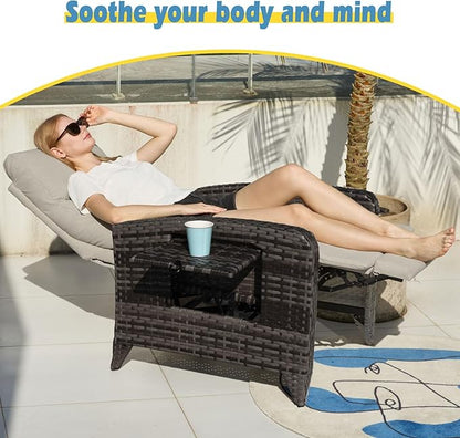 Upgraded Outdoor Recliner Chair, Reclining Patio Chairs with Adjustable Back up to 150°Lay Flat and Extended Footrest, Wicker Recliner Chairs with Flip Table and Removable Olefin Cushion