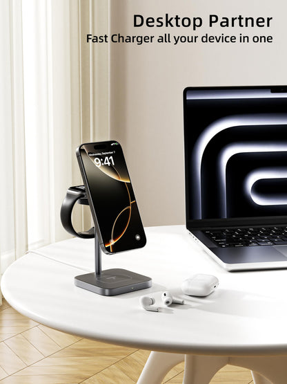 [Qi2 Certified ] LULULOOK 3 in 1 Charging Station, 15W QI2 Wireless Charger Stand Magnetic Charger for iPhone 17/16/15/14/13/12 Series, AirPods Pro/3/4, Apple Watch with 30W PD Adapter