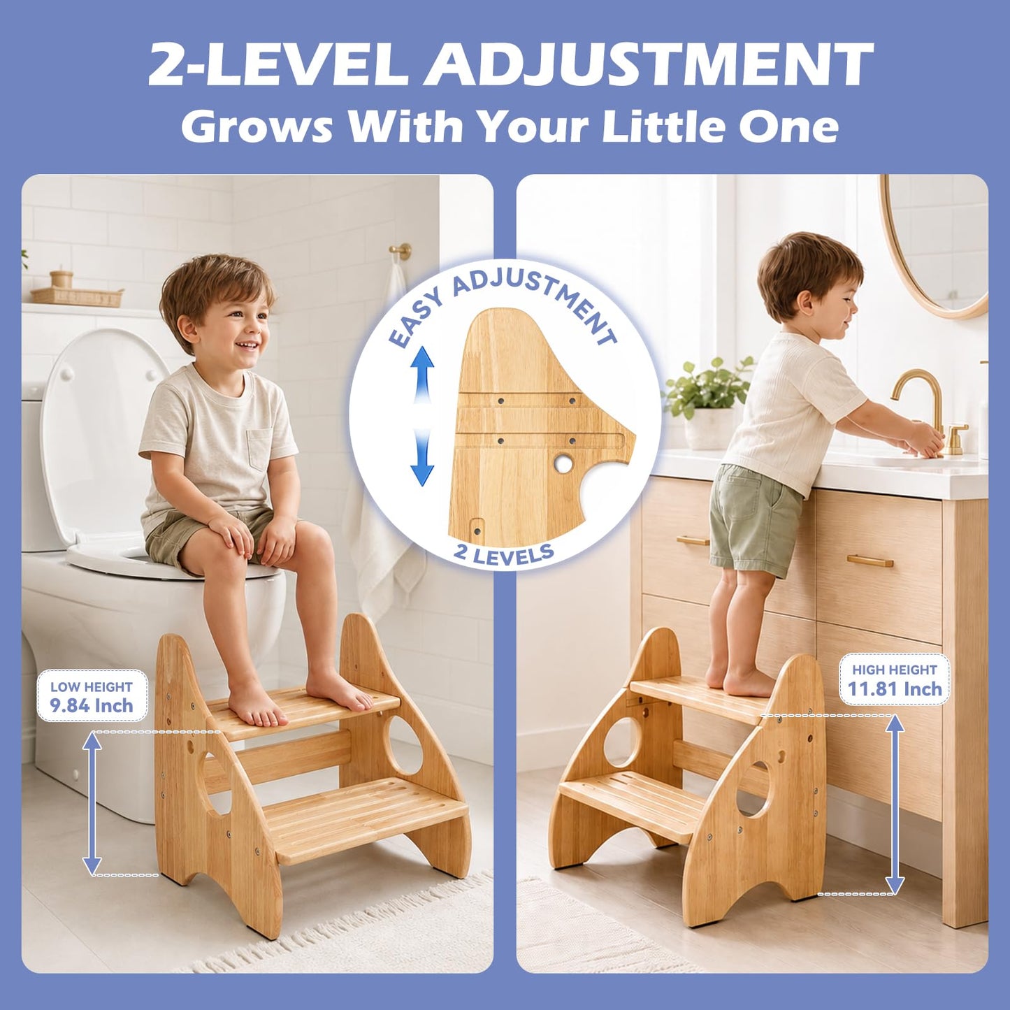 Toddler Step Stool, Adjustable Height 2 Step Stool for Kids with Handles & Non-Slip Pads, Rubberwood Kids Step Stool for Bathroom Sink, Kitchen & Bedroom, Supports Up to 200 lbs, for Adults & Kids