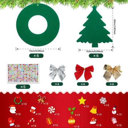 Tatuo 12 Pcs Felt Christmas Tree Wreath Decorating Craft Christmas DIY Ornaments Making Kit with 221 Self Adhesive Felt Stickers 12 Bows and 5 Gem Stickers (Wreath Style and Trees Style)