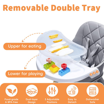 Babyliebe Baby High Chair, 8 in 1 Convertible Wooden High Chair for Babies and Toddlers, Converts to Booster Seat, Toddler Chair & Stool, with Removable Double Tray, Adjustable Legs & Footrest (Gray)