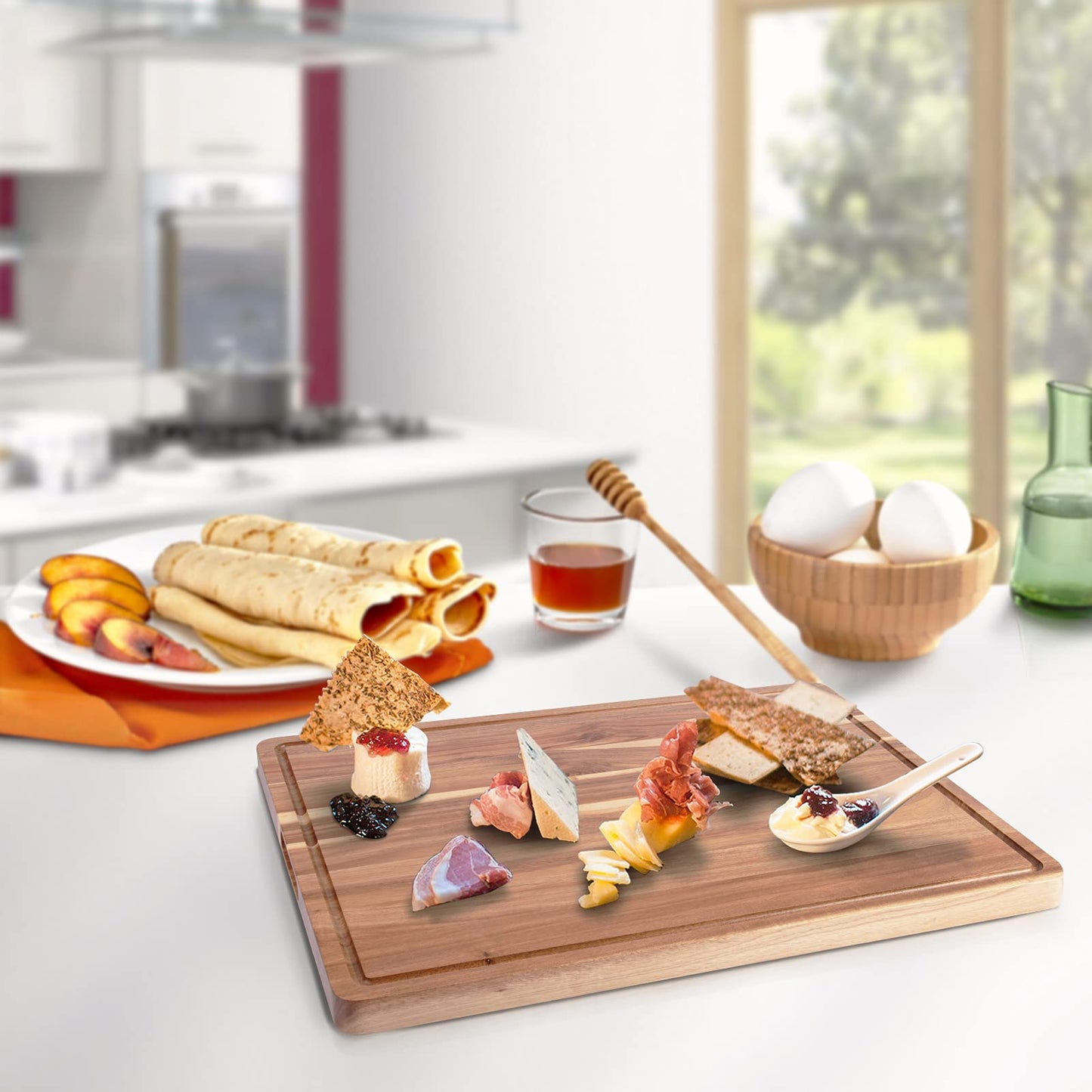 Large Acacia Wood Cutting Boards for Kitchen, 24 x 18 Inch Extra Large Wooden Cutting Board with Juice Groove, Reversible Butcher Block Cutting Board for Meat and Veggies