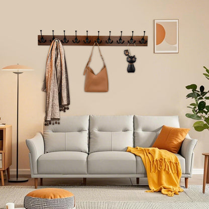 IBosins 34'' Coat Rack Wall Mount with 10 Decorative Tri-Hooks, Heavy Duty Wood Coat Hanger, Rustic Coat Hooks Rail for Entryway Living Room Coat Scarf Bag Towel Hat